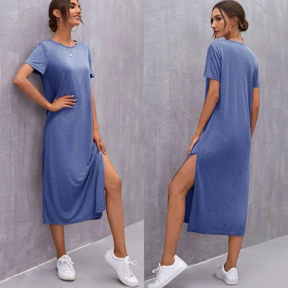 Short sleeve midi length slit tee dress casual boho purple - Picture 2 of 9